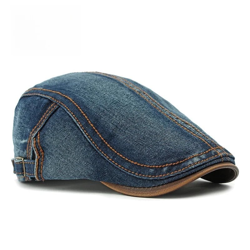 Rowan Flat Cap in Cotton Denim with Adjustable Back Strap and Lined Interior - Hommfer
