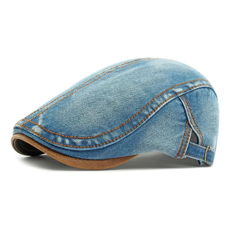 Rowan Flat Cap in Cotton Denim with Adjustable Back Strap and Lined Interior - Hommfer