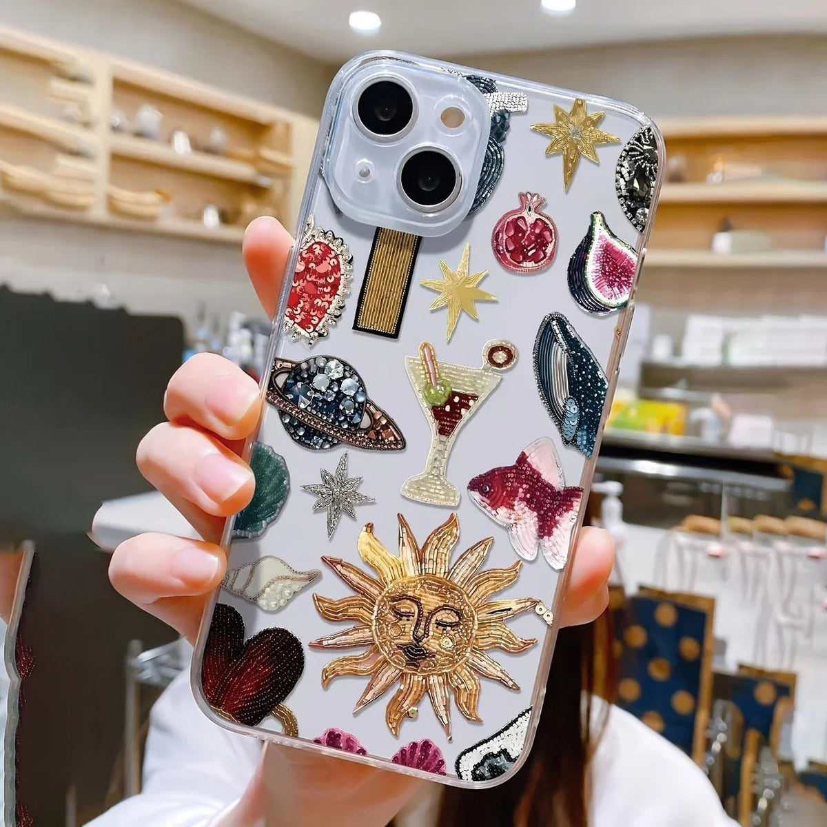 Solara Coque iPhone à dos transparent de haute qualité antichoc avec bords photo surélevés et détails scintillants - Hommfer