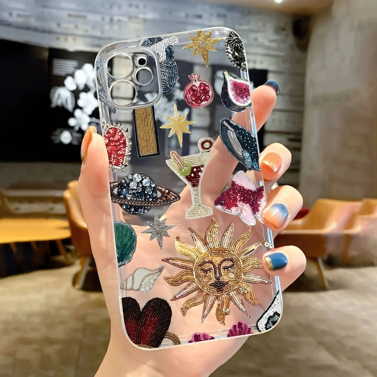 Solara Coque iPhone à dos transparent de haute qualité antichoc avec bords photo surélevés et détails scintillants - Hommfer