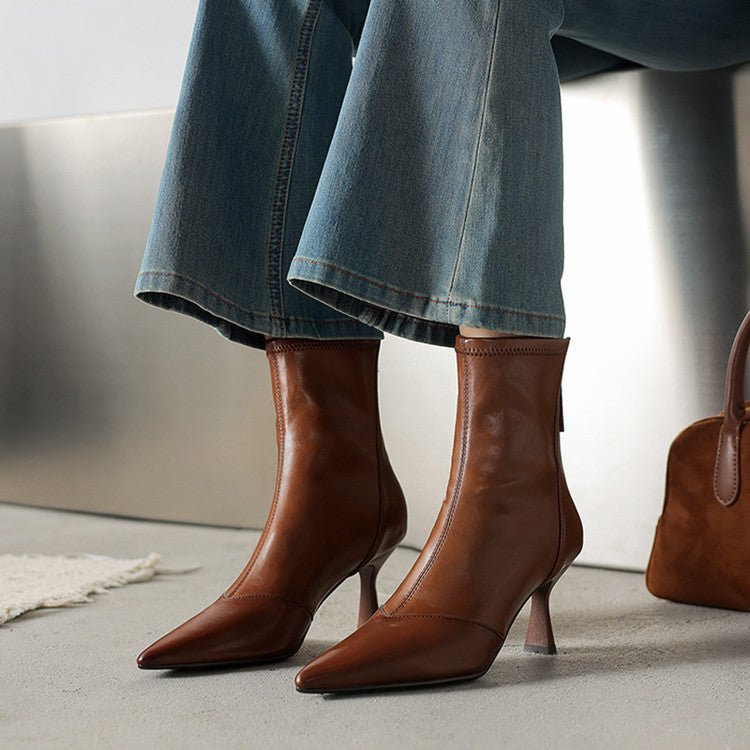 Solène Bottes à talon en cuir de mouton à bout pointu, talon fin 3 pouces, fermeture éclair à l’arrière - Hommfer