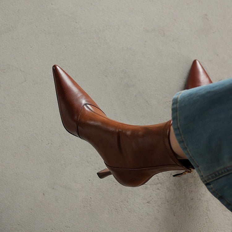 Solène Bottes à talon en cuir de mouton à bout pointu, talon fin 3 pouces, fermeture éclair à l’arrière - Hommfer