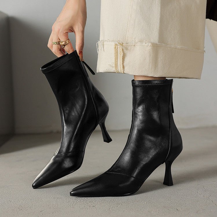 Solène Bottes à talon en cuir de mouton à bout pointu, talon fin 3 pouces, fermeture éclair à l’arrière - Hommfer