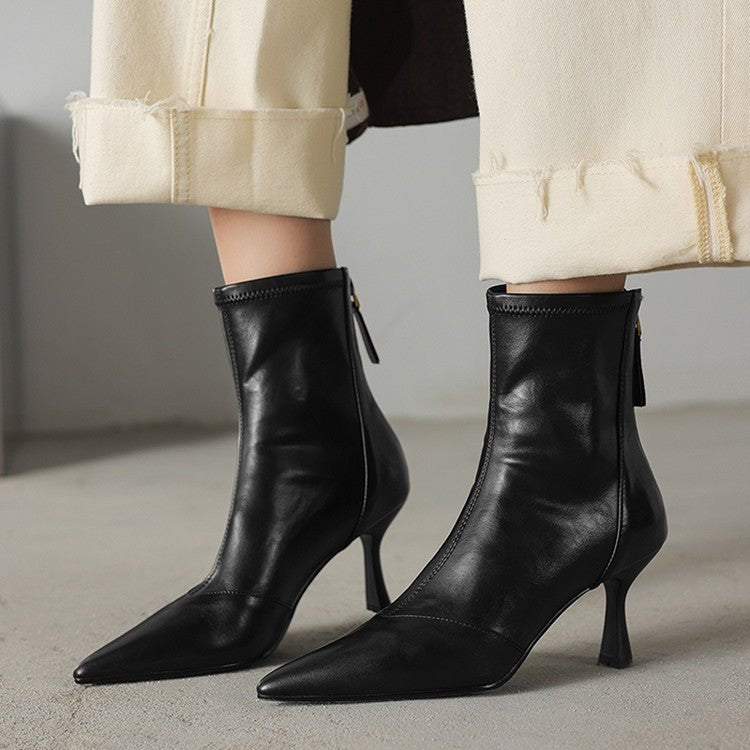 Solène Bottes à talon en cuir de mouton à bout pointu, talon fin 3 pouces, fermeture éclair à l’arrière - Hommfer