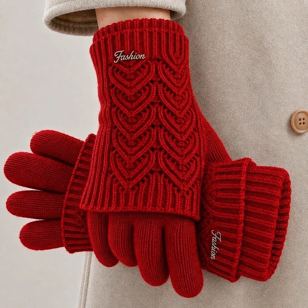 Solenne Gants en mélange de cachemire compatibles écrans tactiles avec poignets côtelés et motif cœur en torsades - Hommfer