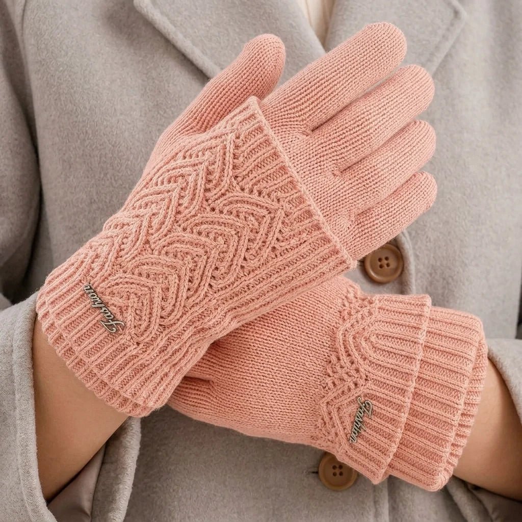 Solenne Gants en mélange de cachemire compatibles écrans tactiles avec poignets côtelés et motif cœur en torsades - Hommfer