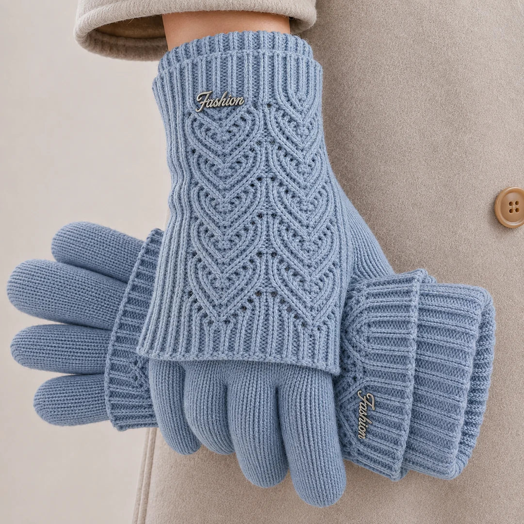 Solenne Gants en mélange de cachemire compatibles écrans tactiles avec poignets côtelés et motif cœur en torsades - Hommfer