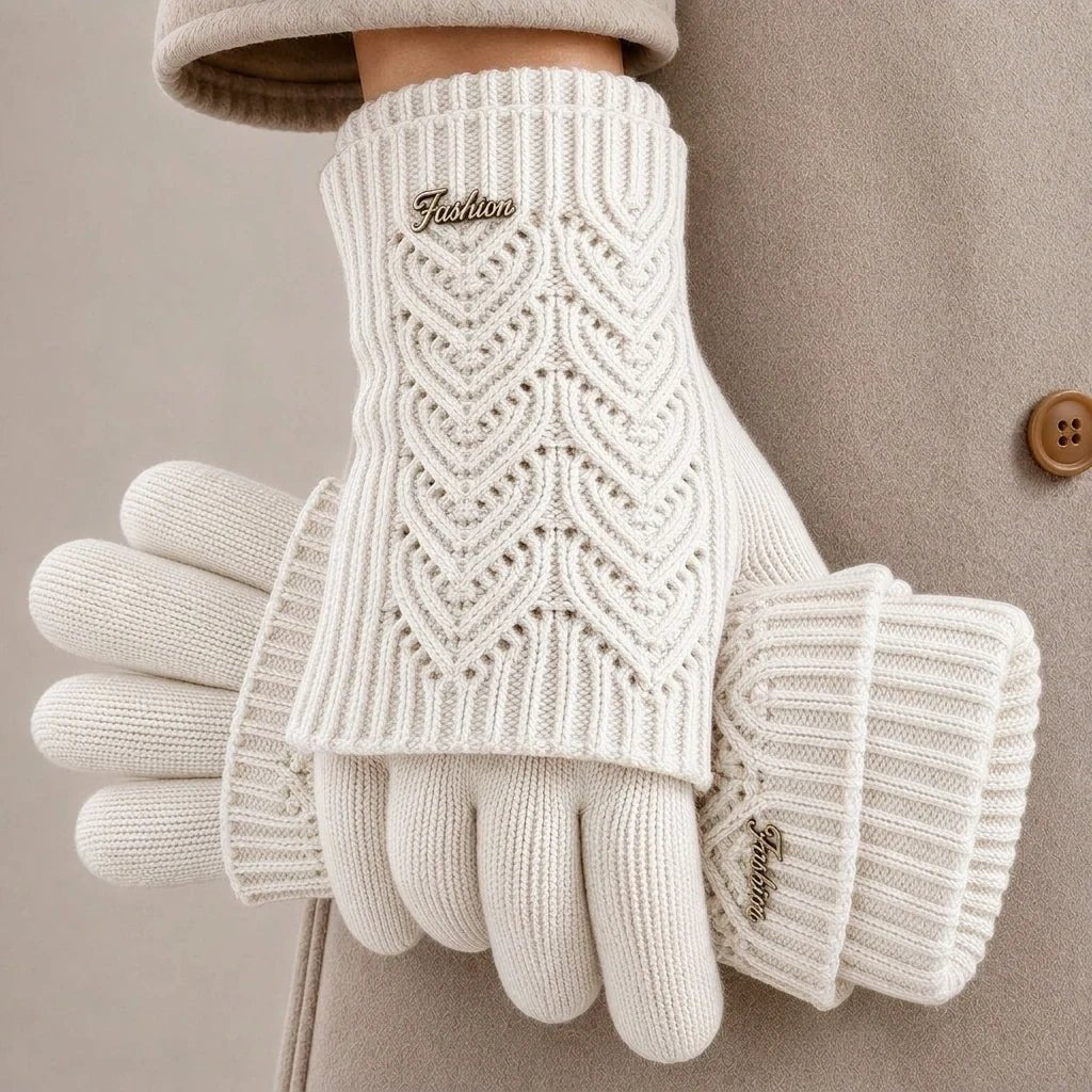 Solenne Gants en mélange de cachemire compatibles écrans tactiles avec poignets côtelés et motif cœur en torsades - Hommfer