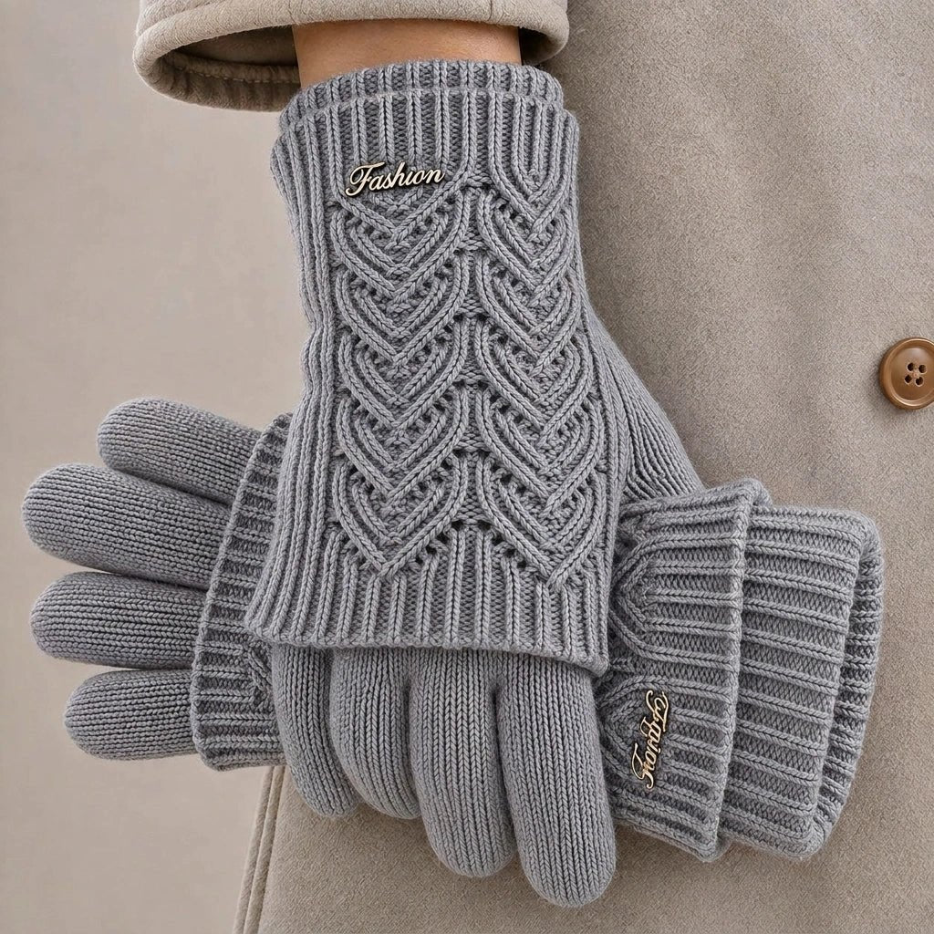 Solenne Gants en mélange de cachemire compatibles écrans tactiles avec poignets côtelés et motif cœur en torsades - Hommfer