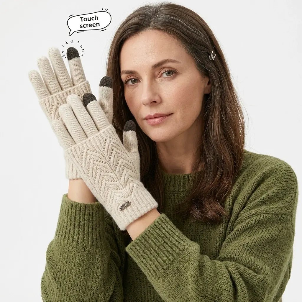Solenne Gants en mélange de cachemire compatibles écrans tactiles avec poignets côtelés et motif cœur en torsades - Hommfer
