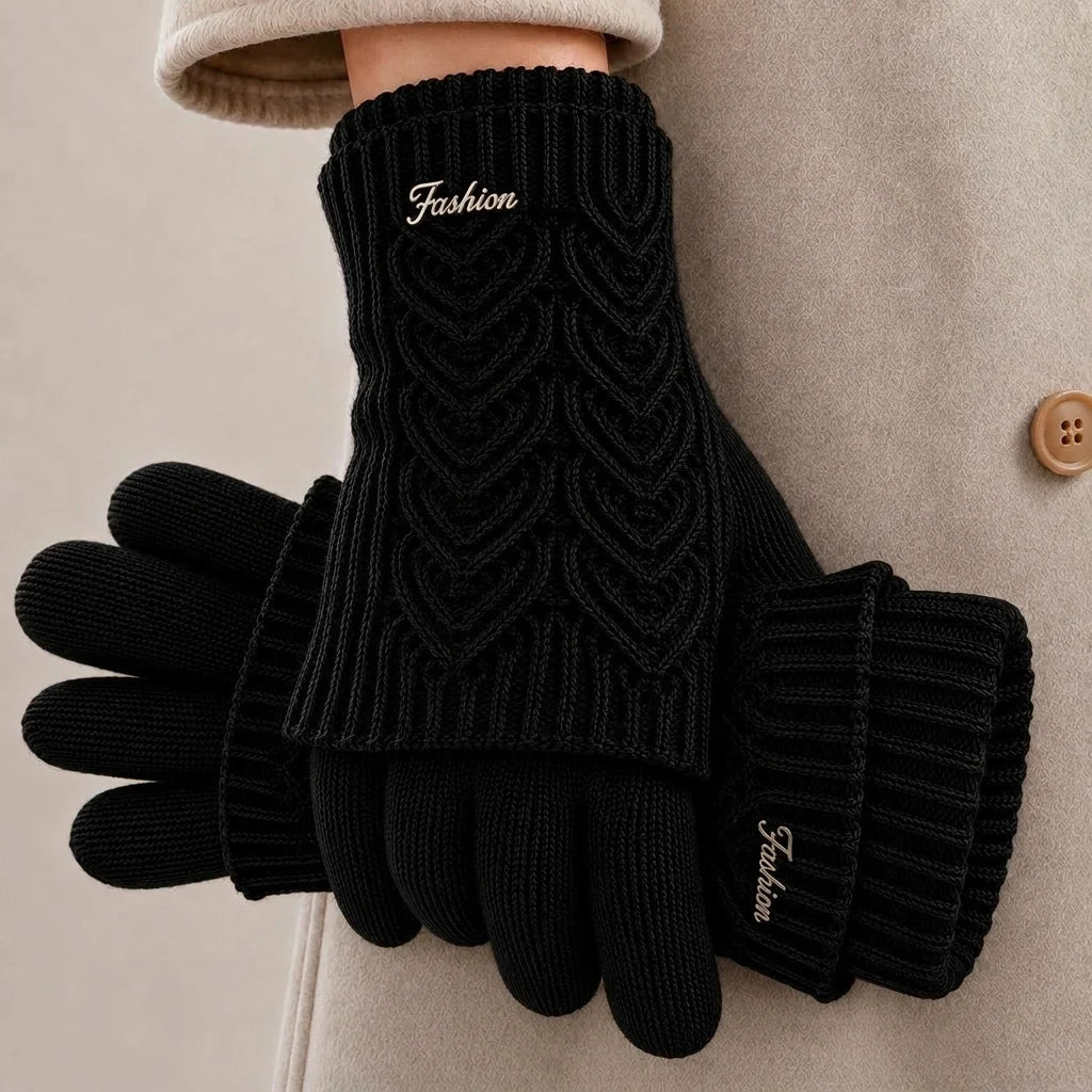 Solenne Gants en mélange de cachemire compatibles écrans tactiles avec poignets côtelés et motif cœur en torsades - Hommfer