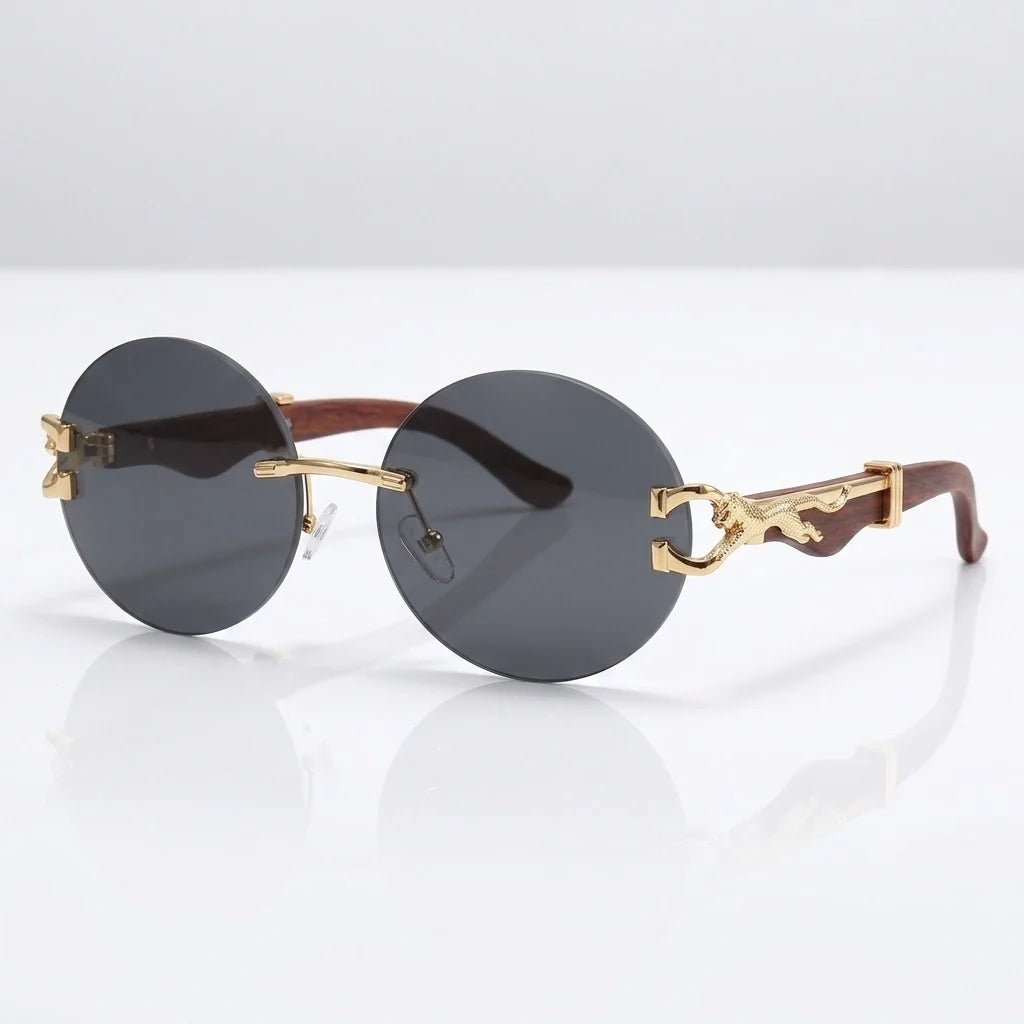 Solenne Lunettes de soleil rondes sans monture avec branches en bois, détail léopard doré et protection UV400 - Hommfer