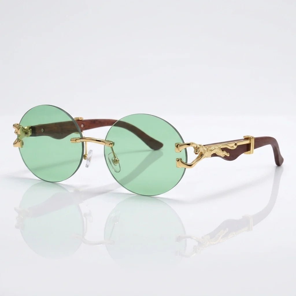 Solenne Lunettes de soleil rondes sans monture avec branches en bois, détail léopard doré et protection UV400 - Hommfer