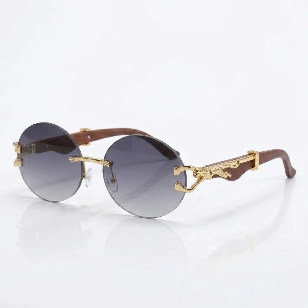 Solenne Lunettes de soleil rondes sans monture avec branches en bois, détail léopard doré et protection UV400 - Hommfer