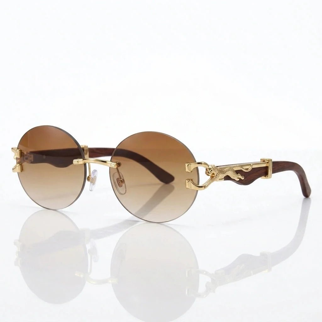 Solenne Lunettes de soleil rondes sans monture avec branches en bois, détail léopard doré et protection UV400 - Hommfer
