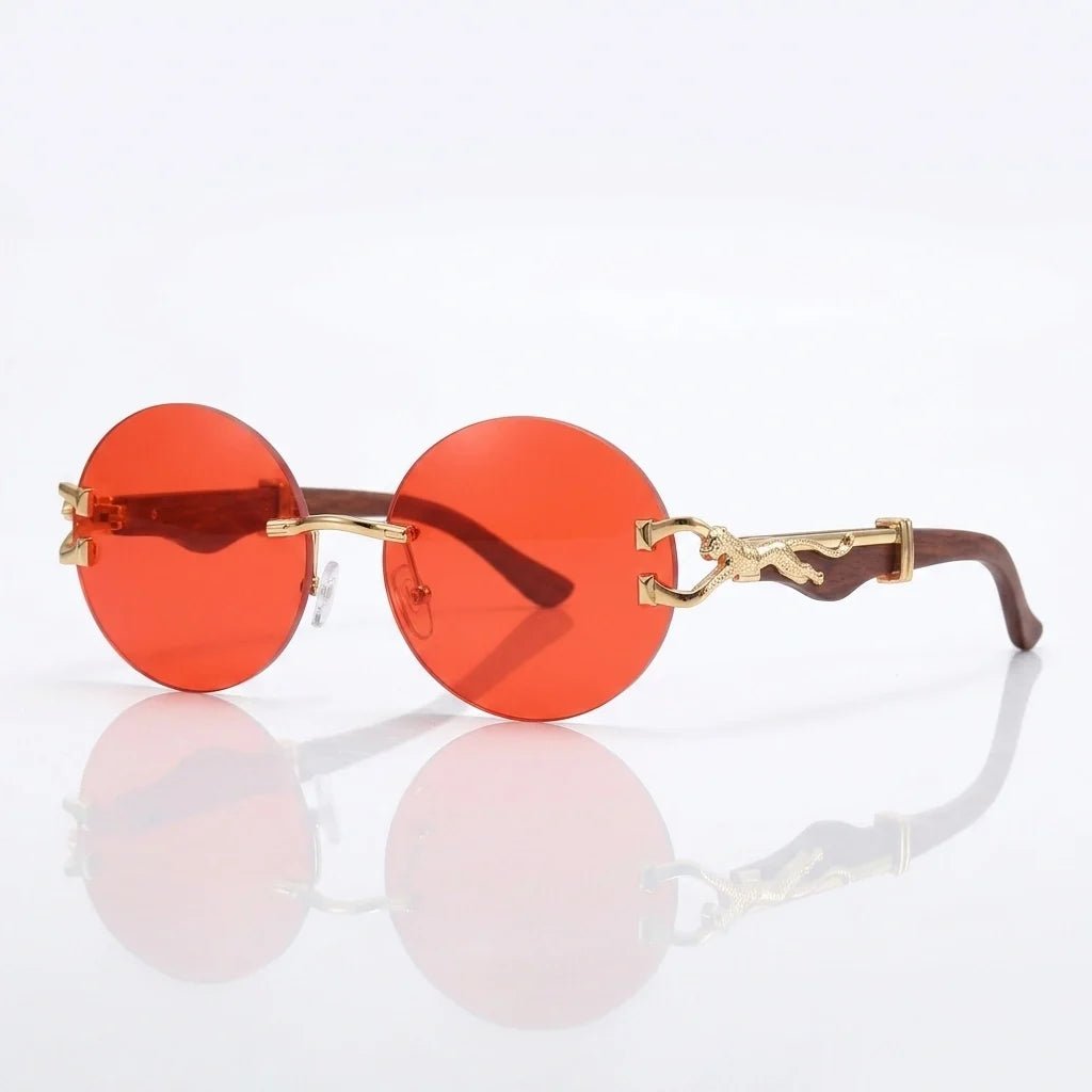 Solenne Lunettes de soleil rondes sans monture avec branches en bois, détail léopard doré et protection UV400 - Hommfer