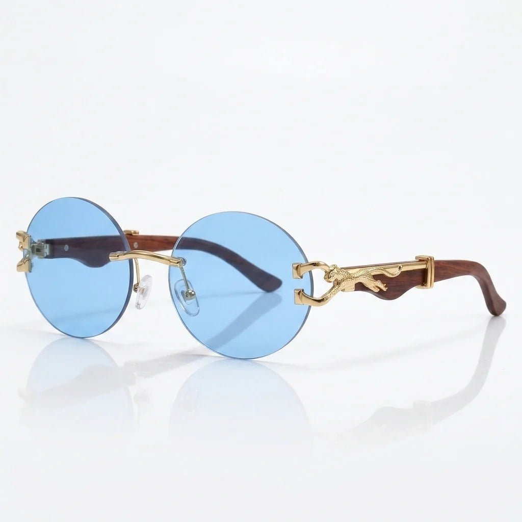 Solenne Lunettes de soleil rondes sans monture avec branches en bois, détail léopard doré et protection UV400 - Hommfer