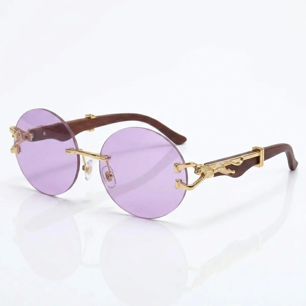 Solenne Lunettes de soleil rondes sans monture avec branches en bois, détail léopard doré et protection UV400 - Hommfer