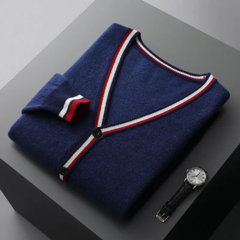 Soline Cardigan en 100 % cachemire à col V, bord contrasté et fermeture à un bouton pour douceur et chaleur - Hommfer