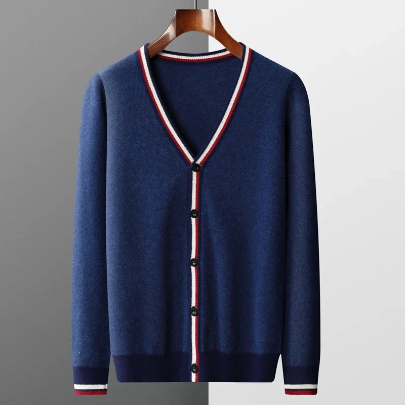 Soline Cardigan en 100 % cachemire à col V, bord contrasté et fermeture à un bouton pour douceur et chaleur - Hommfer