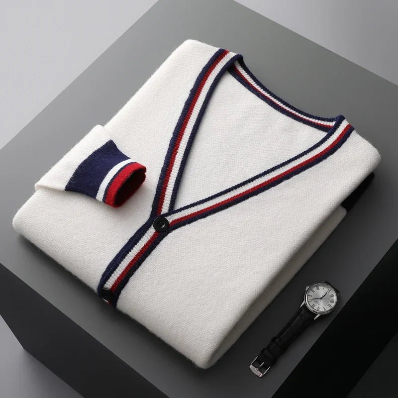 Soline Cardigan en 100 % cachemire à col V, bord contrasté et fermeture à un bouton pour douceur et chaleur - Hommfer