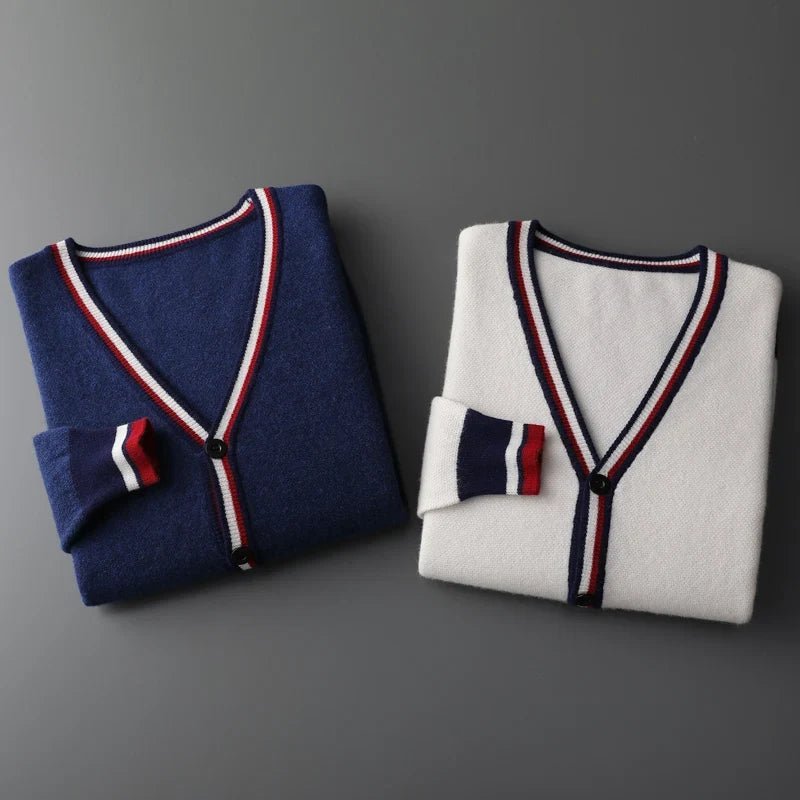 Soline Cardigan en 100 % cachemire à col V, bord contrasté et fermeture à un bouton pour douceur et chaleur - Hommfer