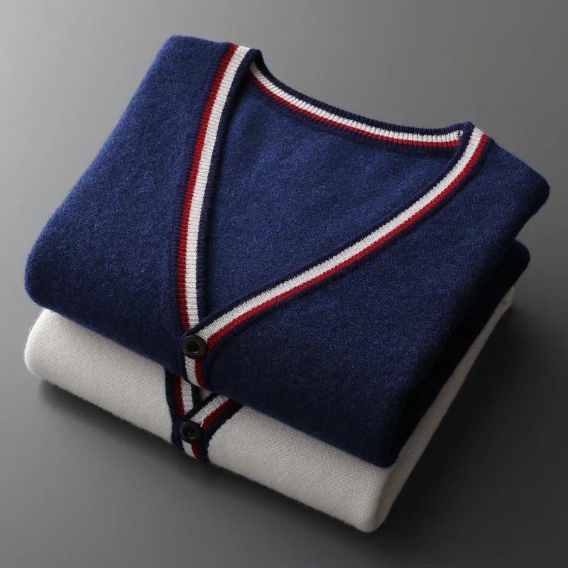 Soline Cardigan en 100 % cachemire à col V, bord contrasté et fermeture à un bouton pour douceur et chaleur - Hommfer