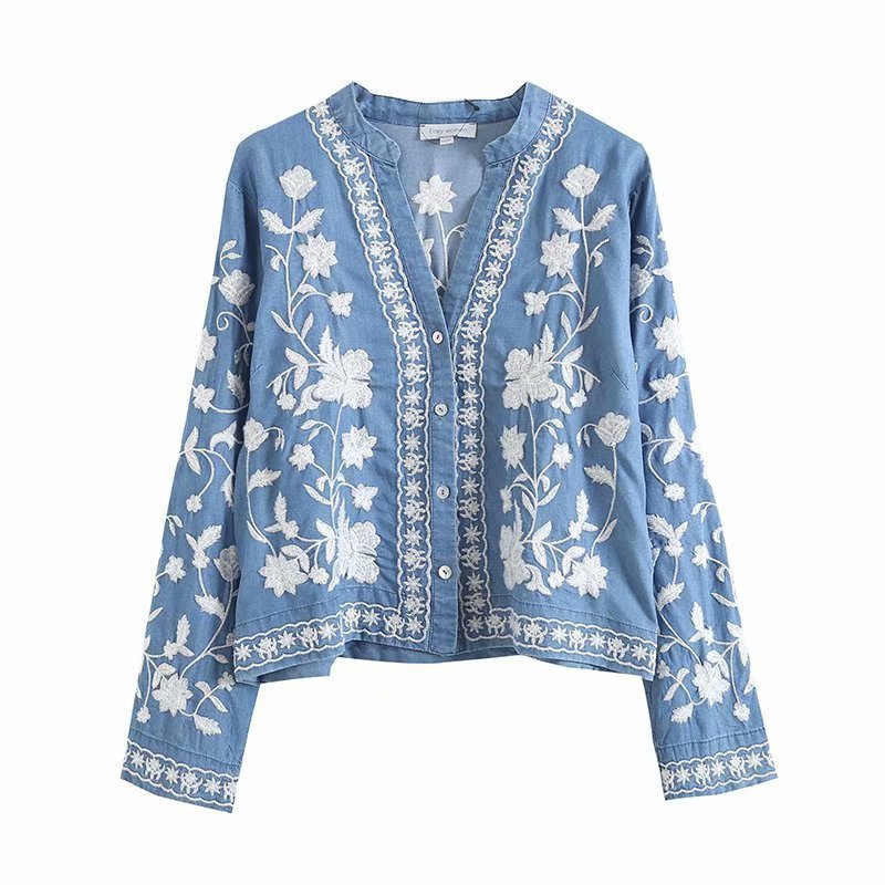 Soline Cardigan en denim brodé à épaules tombantes au toucher doux, esprit bohème - Hommfer