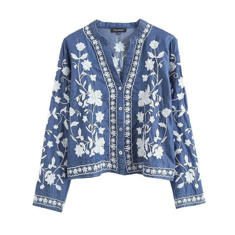 Soline Cardigan en denim brodé à épaules tombantes au toucher doux, esprit bohème - Hommfer