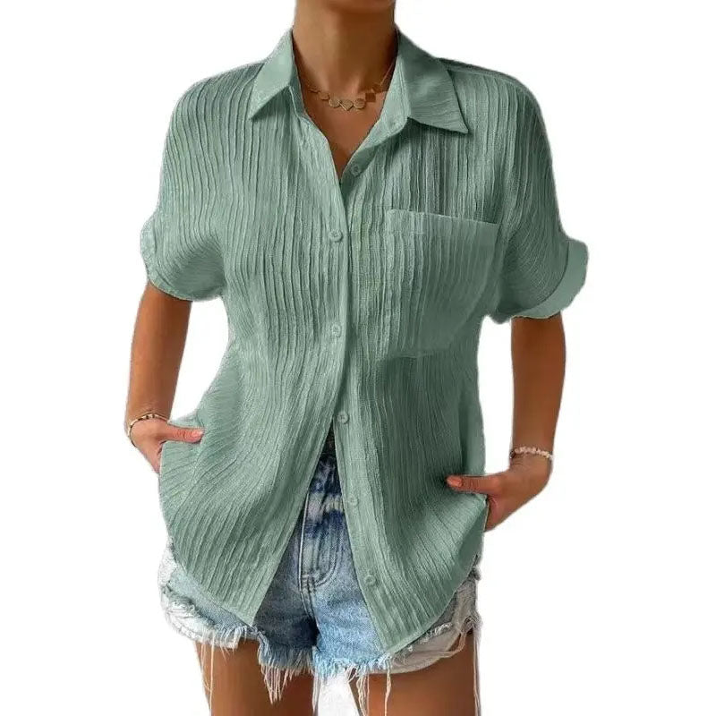 Soline Chemise à Manches Courtes en Coton Mélangé Texturé avec Poche Poitrine pour les Journées Chaudes - Hommfer