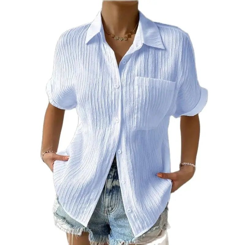 Soline Chemise à Manches Courtes en Coton Mélangé Texturé avec Poche Poitrine pour les Journées Chaudes - Hommfer