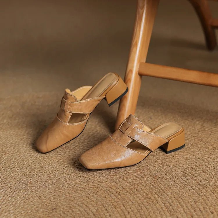 Soline Mules en cuir de mouton véritable à bout carré et talon bloc 4 cm pour un confort respirant toute la journée - Hommfer