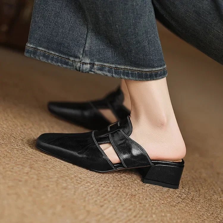 Soline Mules en cuir de mouton véritable à bout carré et talon bloc 4 cm pour un confort respirant toute la journée - Hommfer