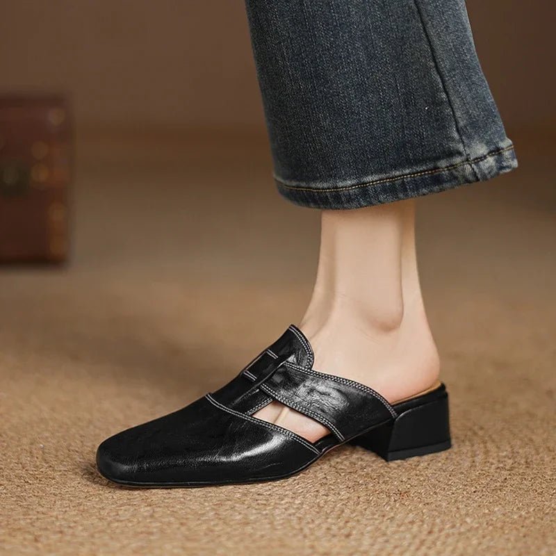 Soline Mules en cuir de mouton véritable à bout carré et talon bloc 4 cm pour un confort respirant toute la journée - Hommfer