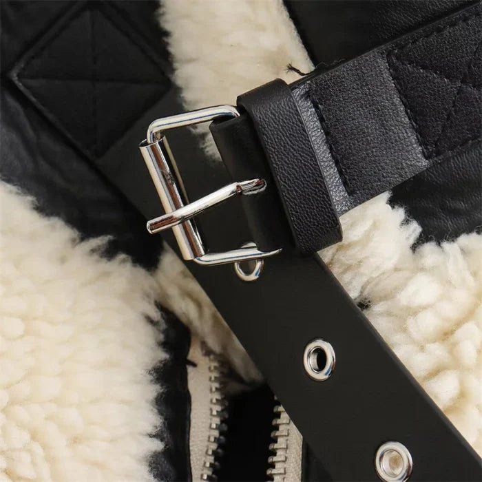 Soline Veste aviateur en sherpa végan avec finitions en cuir véritable pour l’hiver - Hommfer