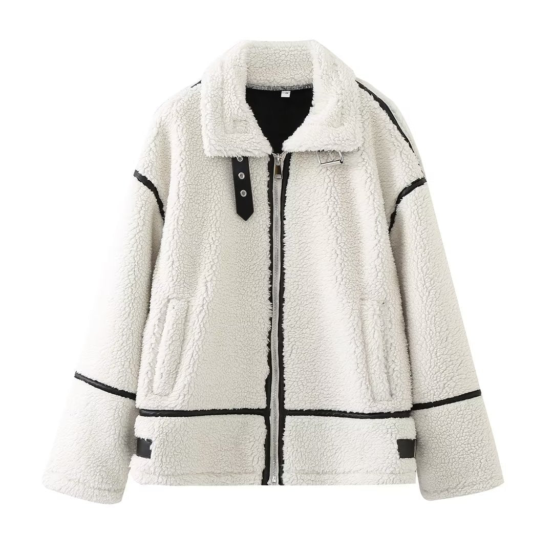 Soline Veste aviateur en sherpa végan avec finitions en cuir véritable pour l’hiver - Hommfer