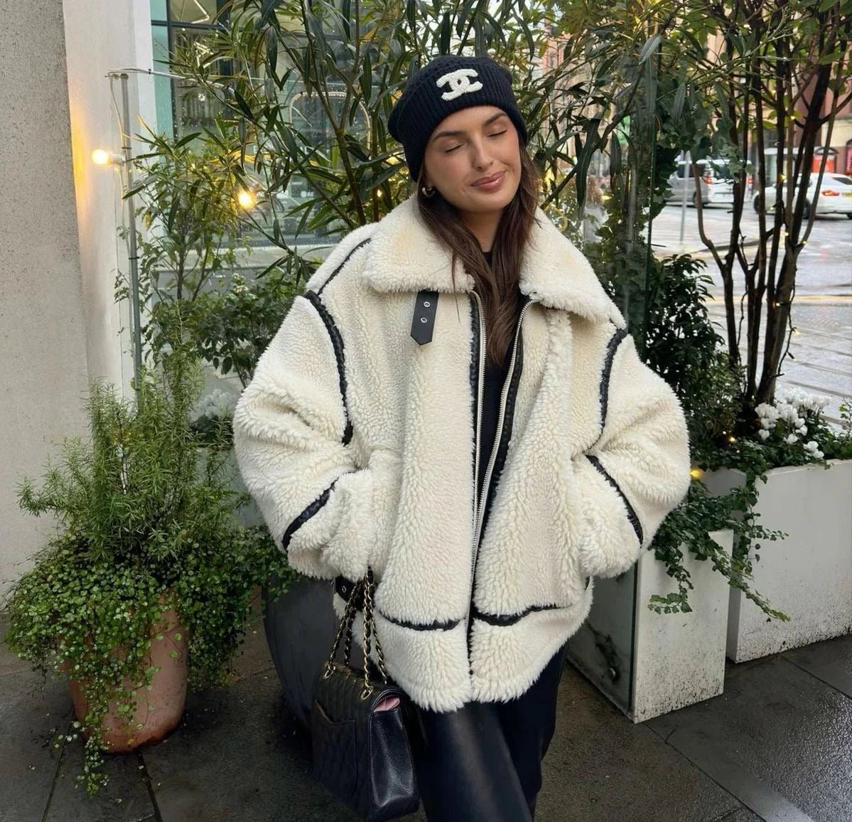 Soline Veste aviateur en sherpa végan avec finitions en cuir véritable pour l’hiver - Hommfer