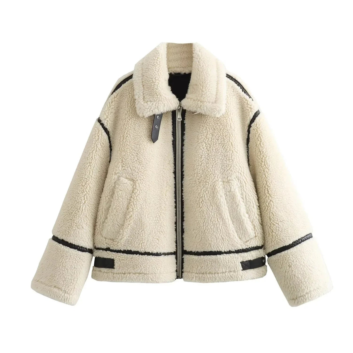Soline Veste aviateur en sherpa végan avec finitions en cuir véritable pour l’hiver - Hommfer
