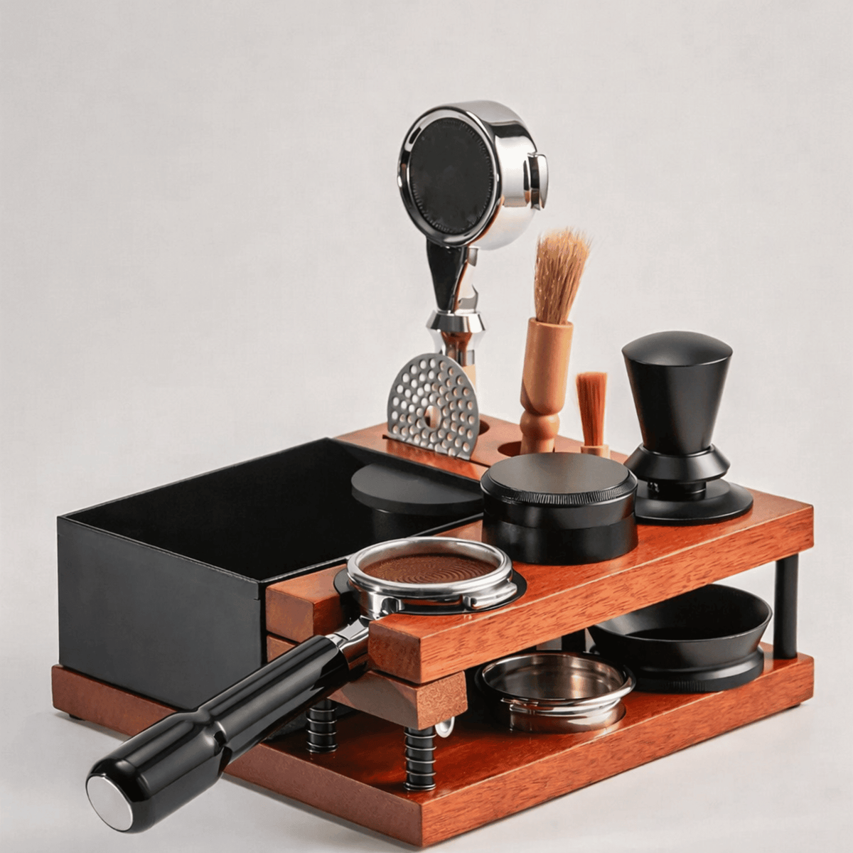Station de tassage espresso en bois massif avec tiroir à marc et organisateur pour porte-filtres et tampons 51–58 mm - Hommfer