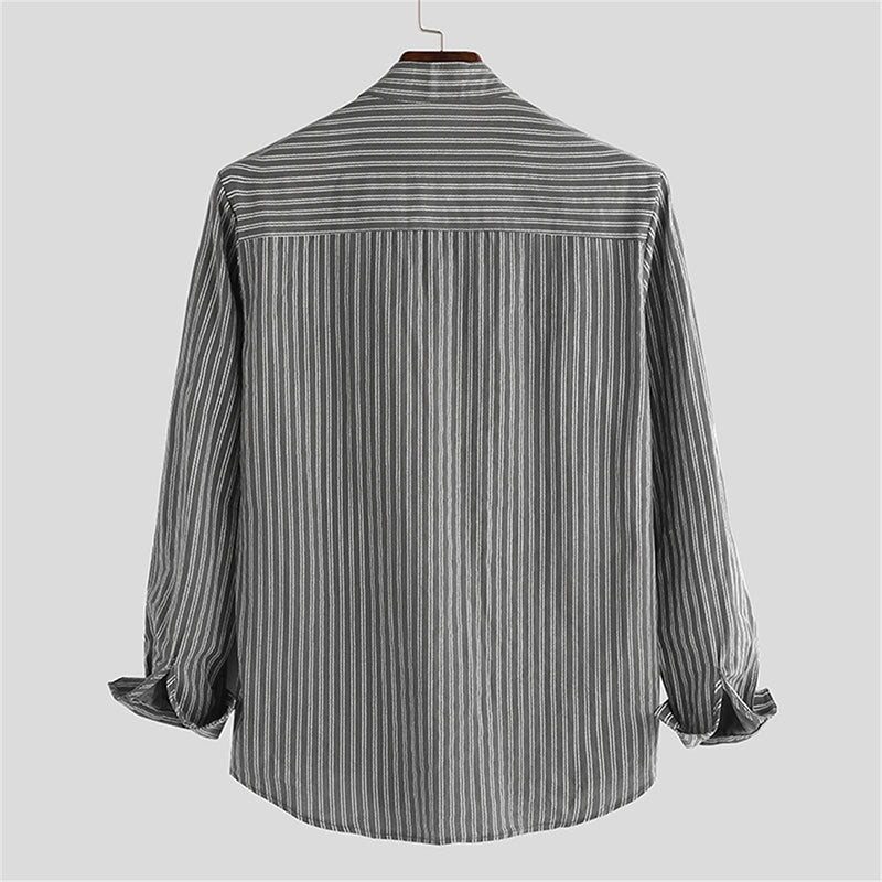 Valmont Chemise en coton-lin à rayures verticales, col mao et coupe droite, douce et respirante - Hommfer