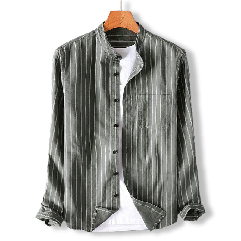 Valmont Chemise en coton-lin à rayures verticales, col mao et coupe droite, douce et respirante - Hommfer
