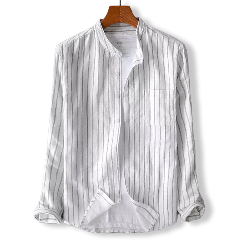 Valmont Chemise en coton-lin à rayures verticales, col mao et coupe droite, douce et respirante - Hommfer