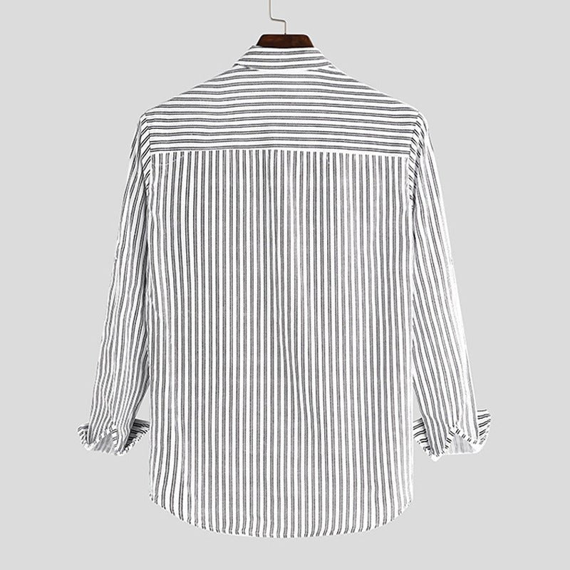 Valmont Chemise en coton-lin à rayures verticales, col mao et coupe droite, douce et respirante - Hommfer