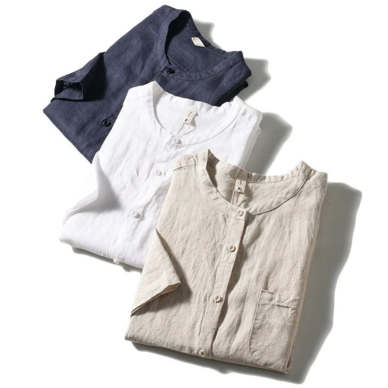 Valmont Chemise en Lin 100% à Col Mao, Respirante avec Poche Avant pour l’été - Hommfer