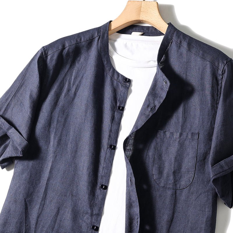 Valmont Chemise en Lin 100% à Col Mao, Respirante avec Poche Avant pour l’été - Hommfer