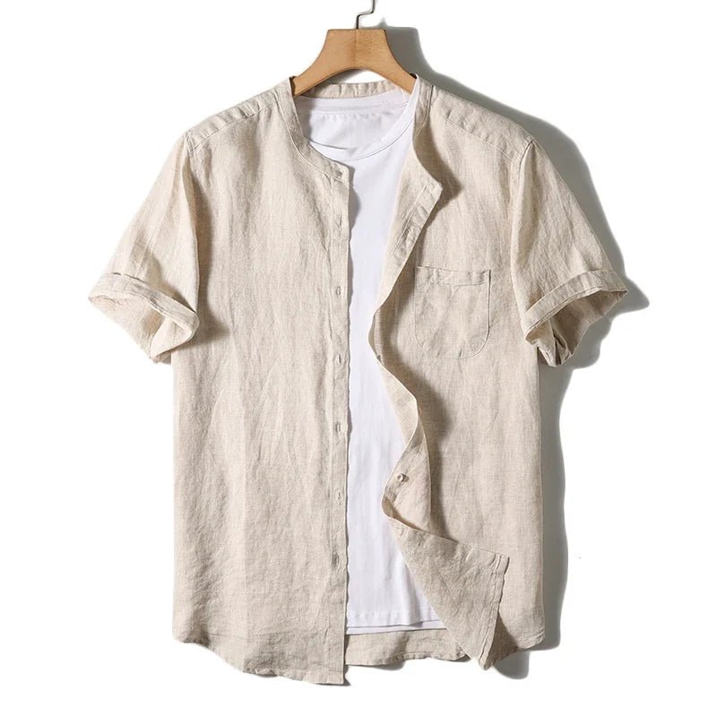 Valmont Chemise en Lin 100% à Col Mao, Respirante avec Poche Avant pour l’été - Hommfer