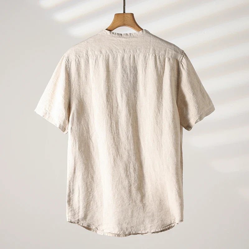 Valmont Chemise en Lin 100% à Col Mao, Respirante avec Poche Avant pour l’été - Hommfer