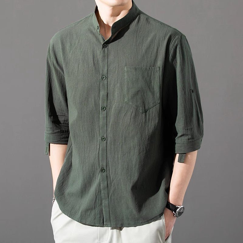 Varenne Chemise à Col Mandarin en Mélange de Coton Lavé pour Confort Respirant par Temps Chaud - Hommfer