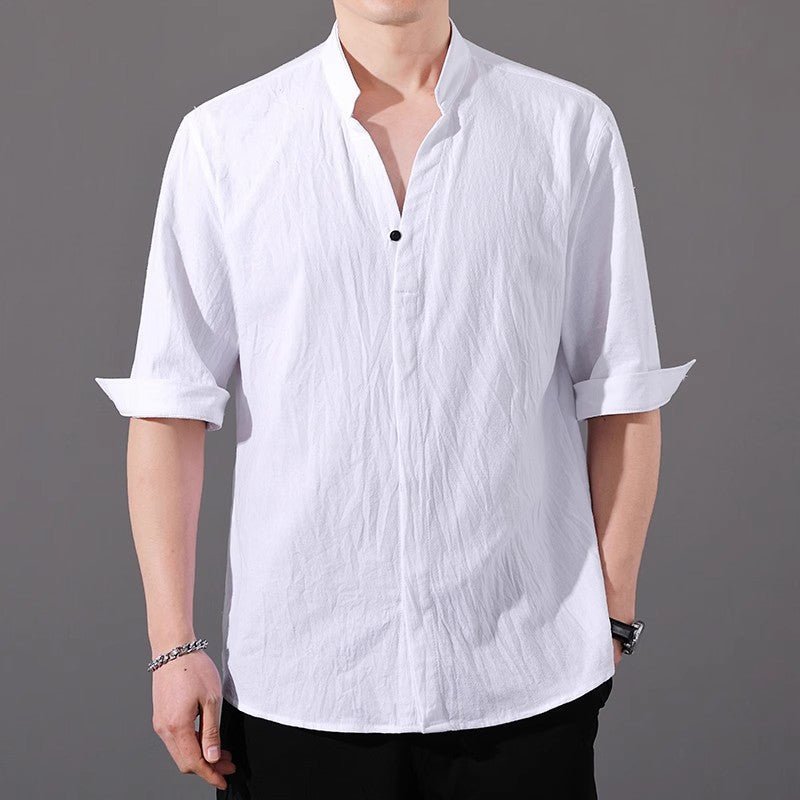 Varenne Chemise à Col Mandarin en Mélange de Coton Lavé pour Confort Respirant par Temps Chaud - Hommfer