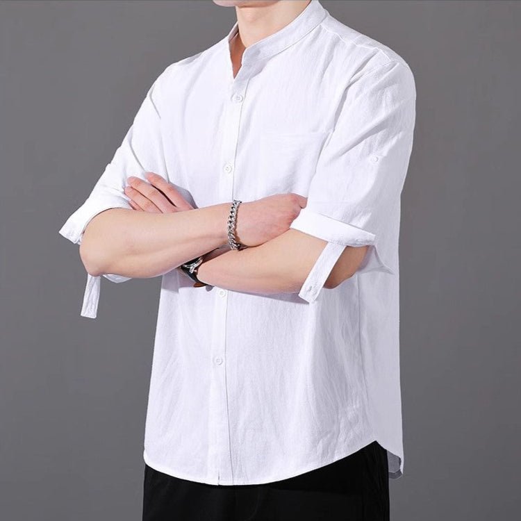 Varenne Chemise à Col Mandarin en Mélange de Coton Lavé pour Confort Respirant par Temps Chaud - Hommfer
